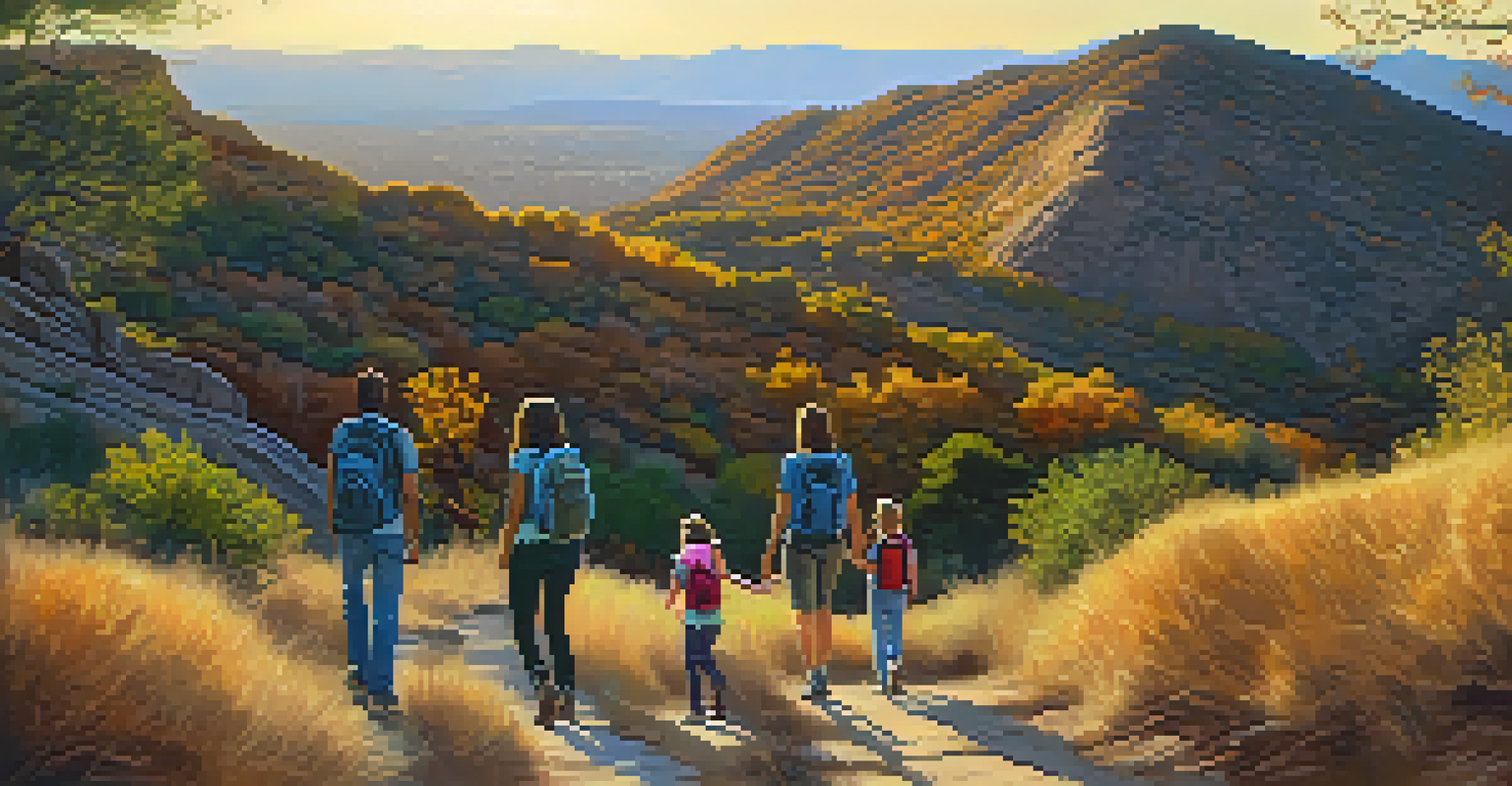 A family hiking on a trail in Crownridge Canyon Park, enjoying the sunset and beautiful autumn scenery.