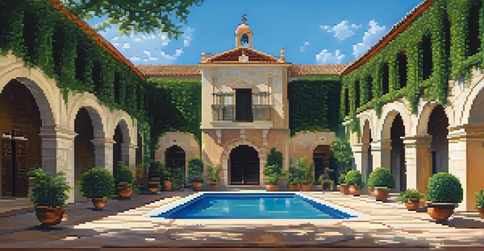 A panoramic view of the Spanish Governor's Palace showcasing its Spanish Colonial architecture with arched doorways and vibrant tiles under a blue sky.