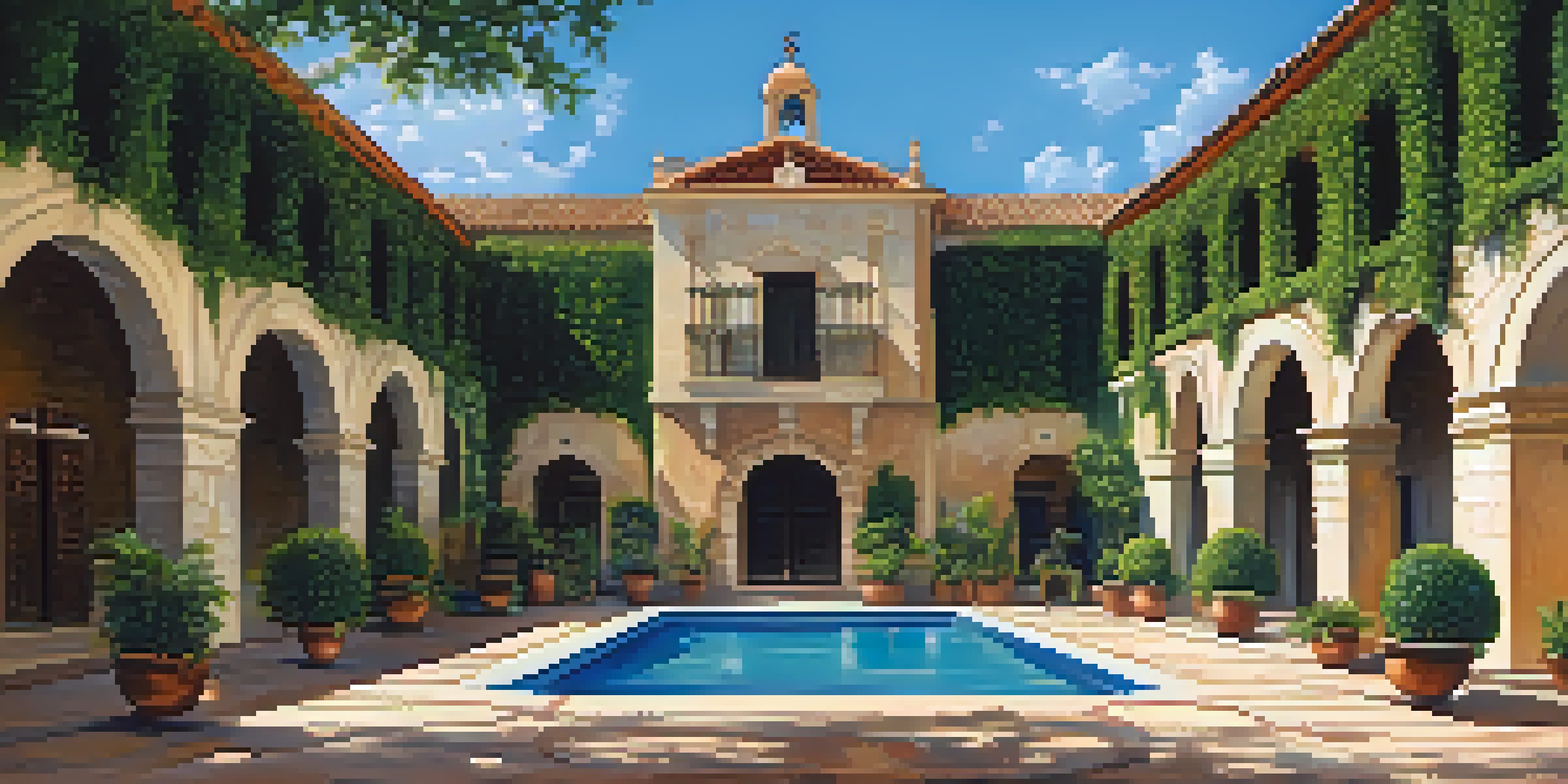 A panoramic view of the Spanish Governor's Palace showcasing its Spanish Colonial architecture with arched doorways and vibrant tiles under a blue sky.