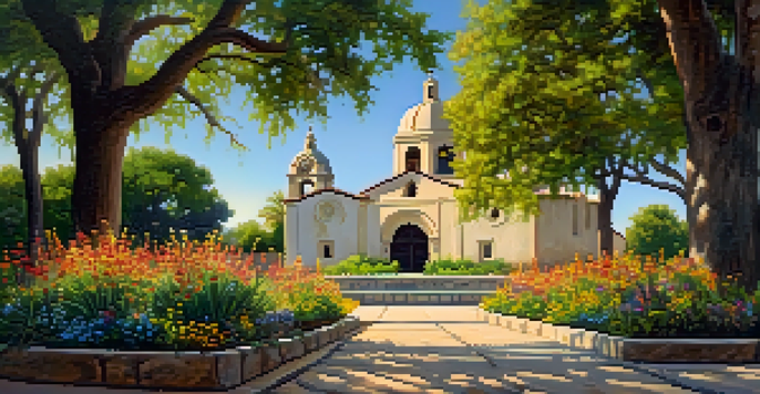 A bright view of Mission San José with blooming wildflowers and intricate architecture in the background.