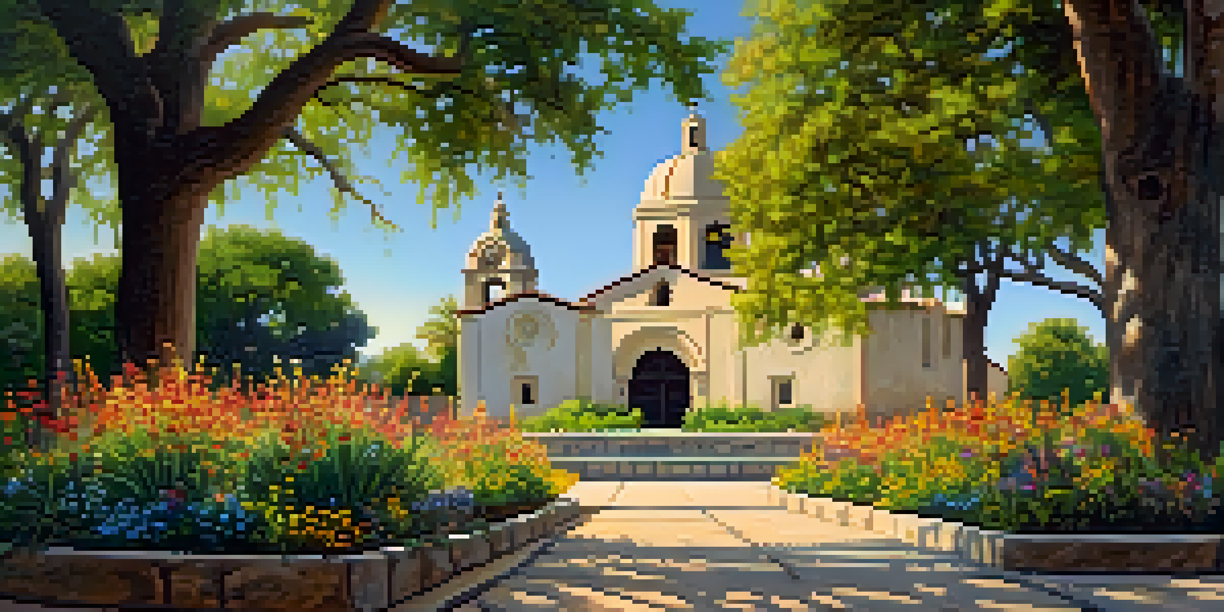 A bright view of Mission San José with blooming wildflowers and intricate architecture in the background.
