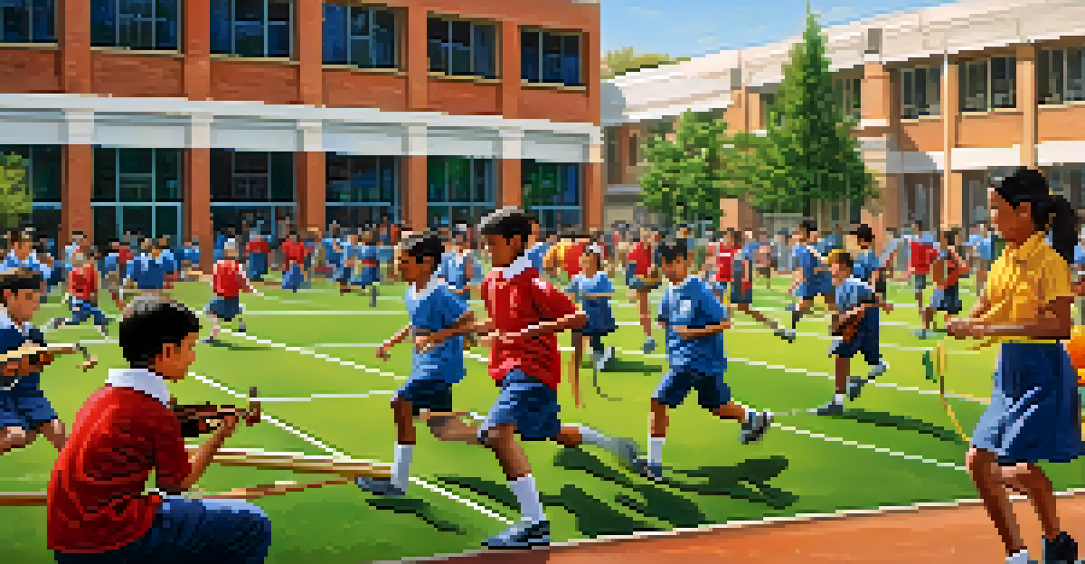 Students involved in different extracurricular activities at a public school, including sports, music, and art, creating a lively and colorful environment.