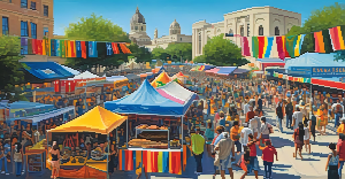 A lively cultural festival in San Antonio with colorful banners, art installations, and crowds enjoying music and performances.