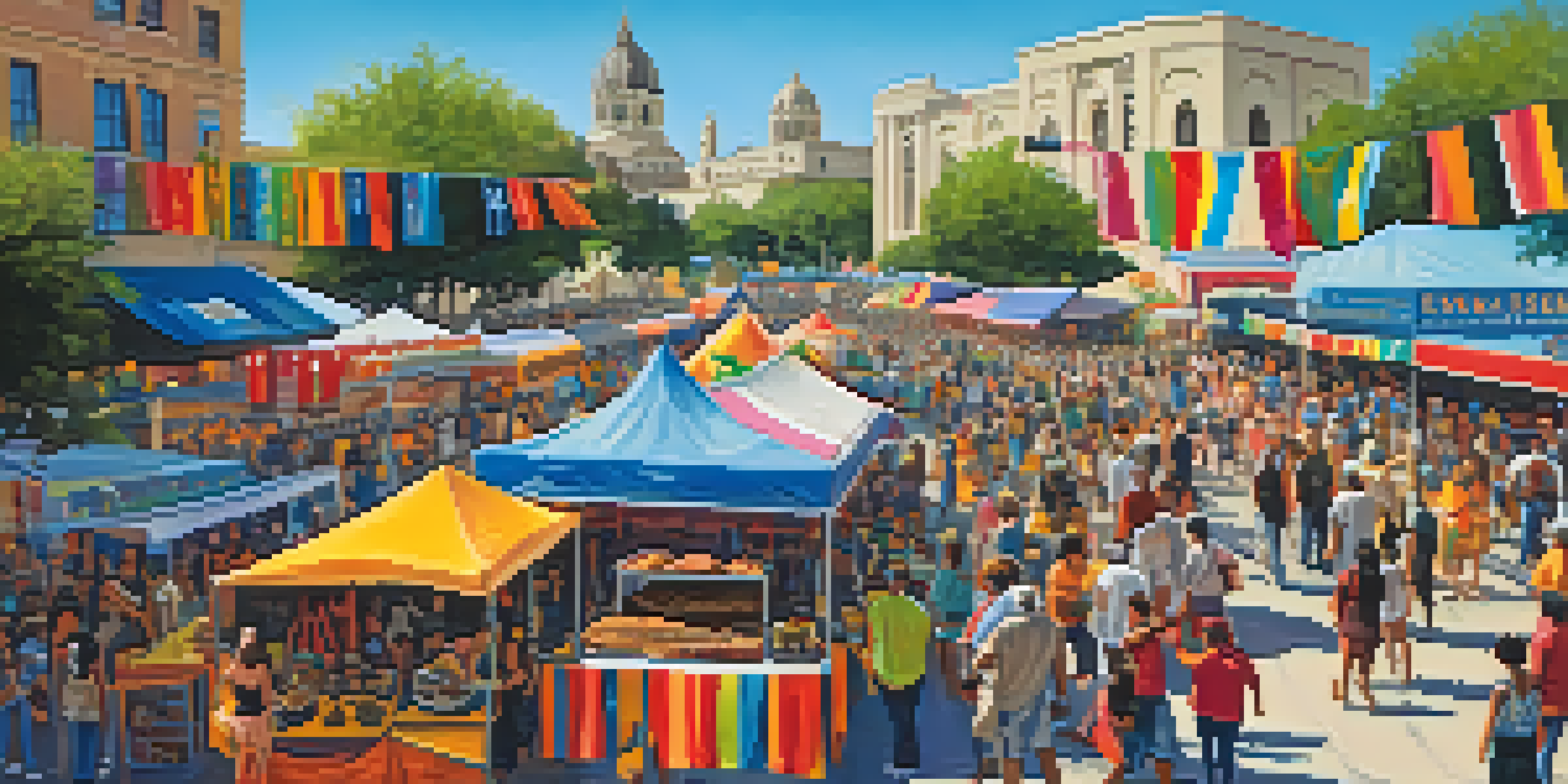 A lively cultural festival in San Antonio with colorful banners, art installations, and crowds enjoying music and performances.