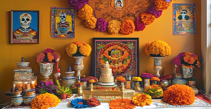 A colorful altar for Día de los Muertos decorated with marigolds, papel picado, and traditional foods in a warmly lit room.