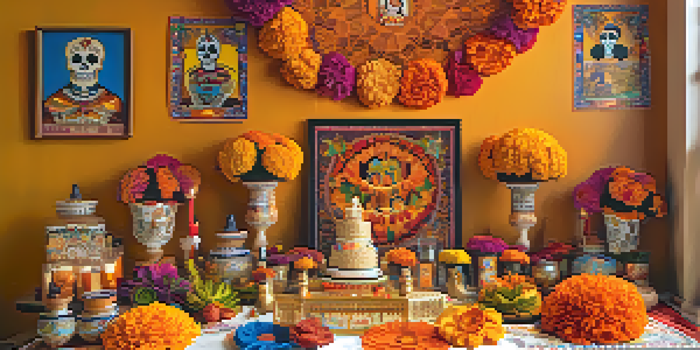 A colorful altar for Día de los Muertos decorated with marigolds, papel picado, and traditional foods in a warmly lit room.