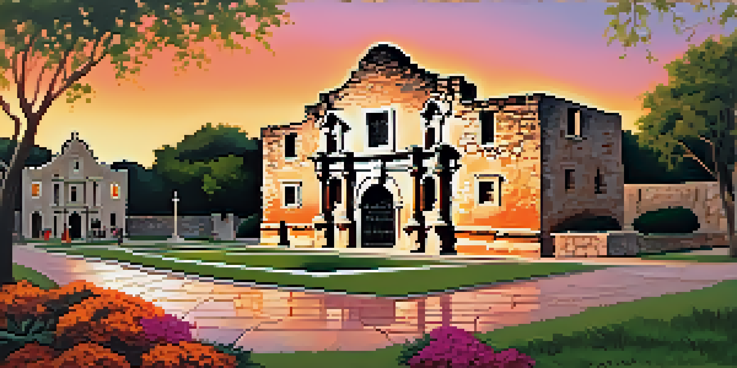 The Alamo at sunset, with warm colors in the sky reflecting on its stone architecture and surrounded by gardens.