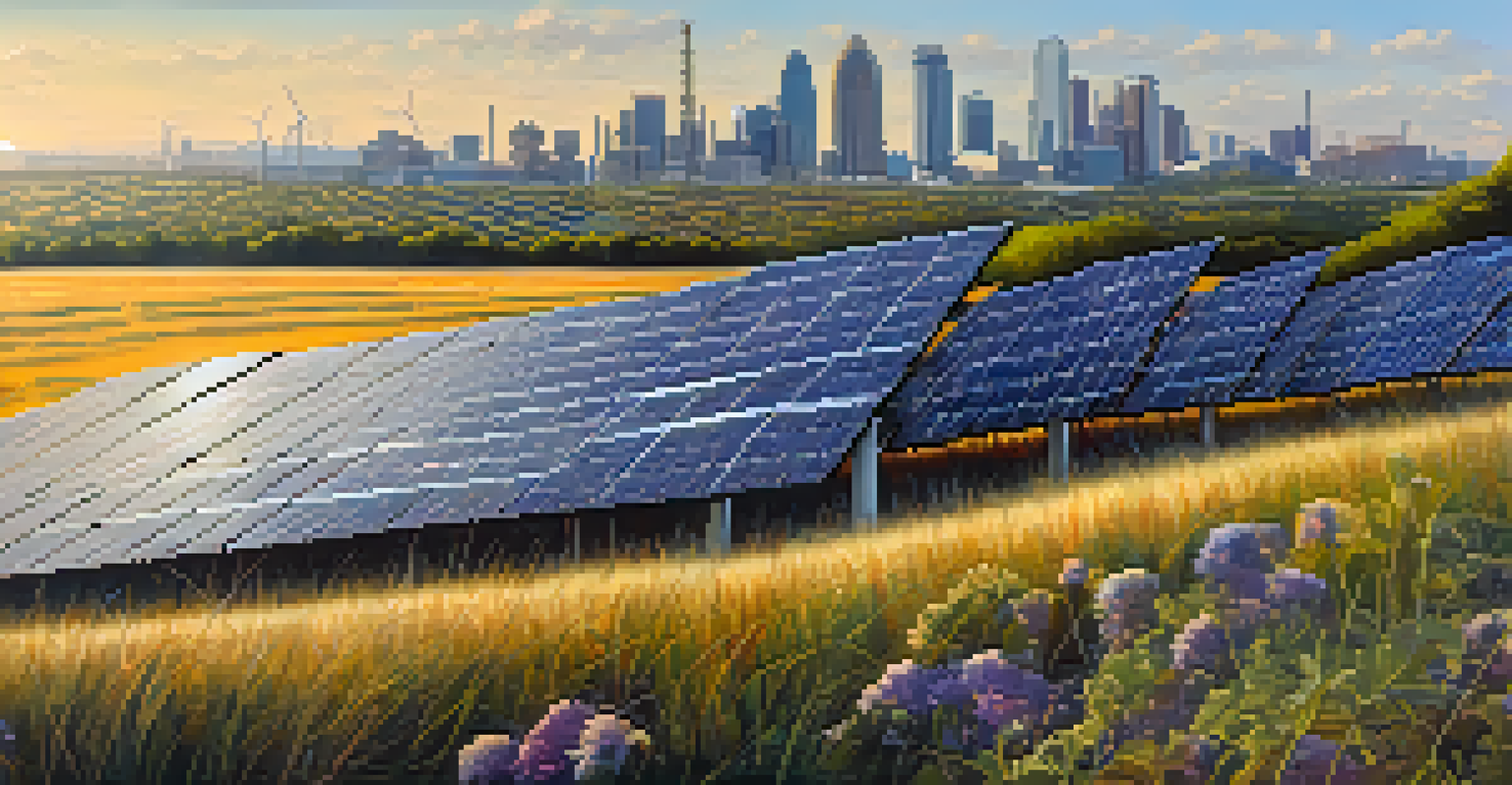 A solar farm in San Antonio with solar panels and a city skyline in the background, representing renewable energy.