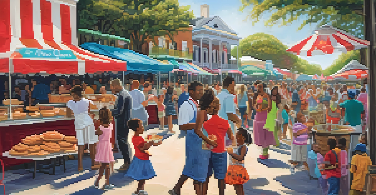 A lively festival atmosphere with families enjoying gumbo and beignets, local jazz musicians playing, and colorful market stalls in the background.