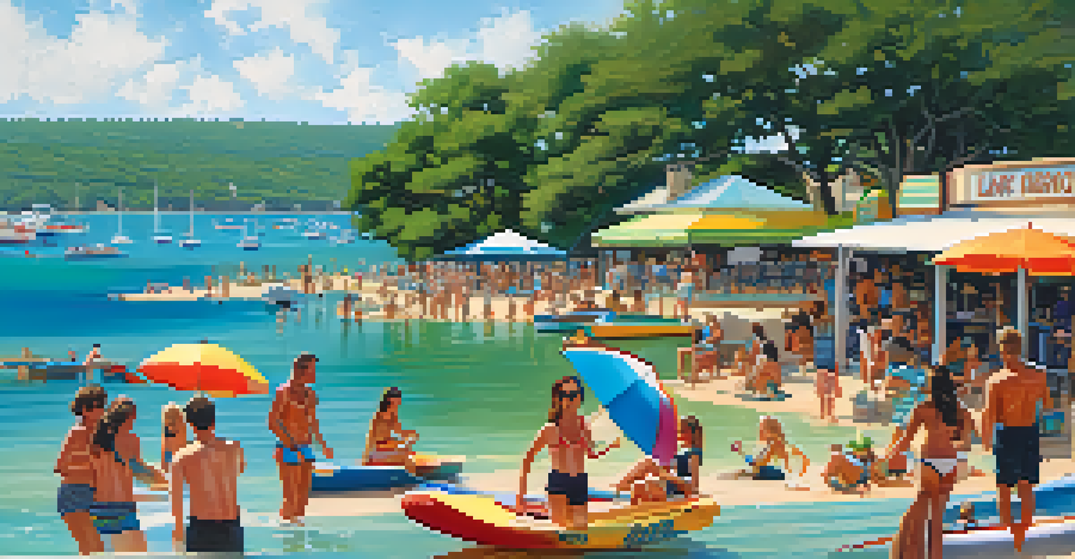 People enjoying water sports at Lake Travis, with bright blue water and a lively atmosphere filled with boats and restaurants.