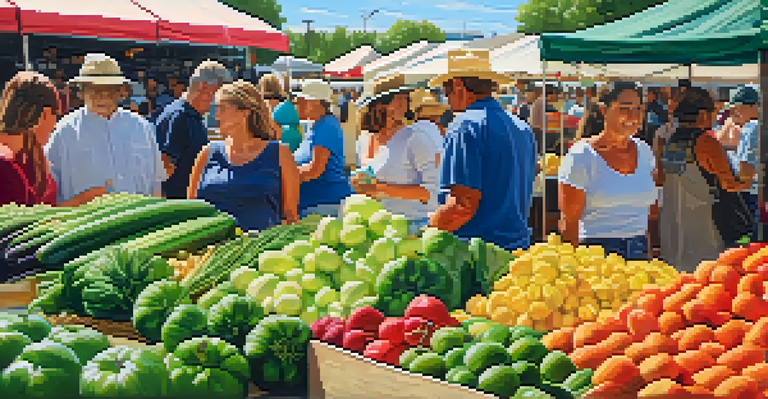 Close-up of a farmer's market in San Antonio with fresh produce and people enjoying the atmosphere.