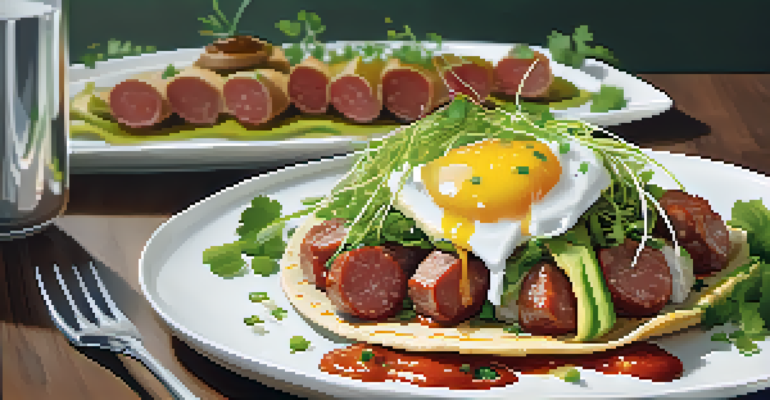 A close-up of a gourmet breakfast taco filled with smoked sausage and avocado, elegantly plated with vibrant sauce and microgreens.