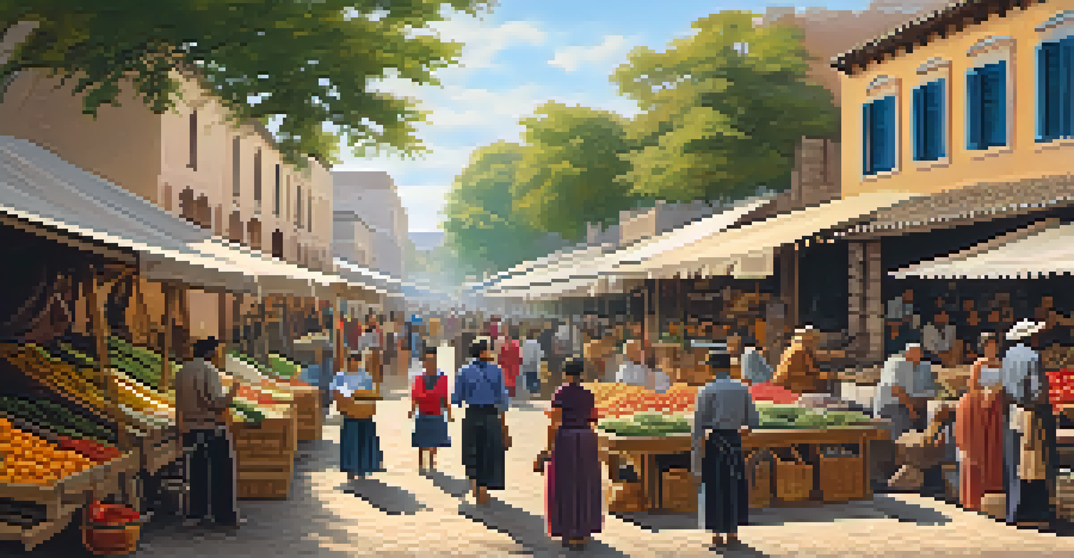 A lively colonial market scene in San Antonio with vibrant stalls and people interacting.