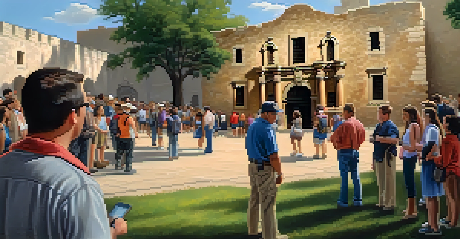 A guided tour at the Alamo, showing a diverse group of visitors listening to a guide amidst historical artifacts.