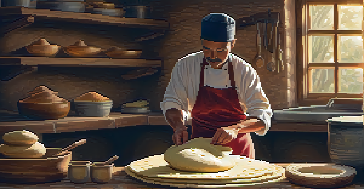 An artisan chef in a rustic kitchen hand-making tortillas, emphasizing traditional cooking methods and tools.