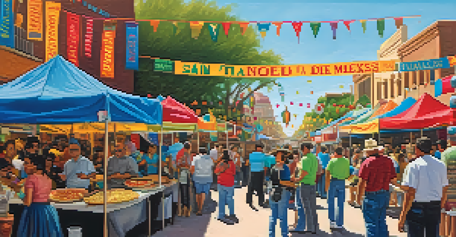 A lively street scene during Fiesta San Antonio, showcasing people enjoying Tex-Mex food amidst colorful decorations and live music.