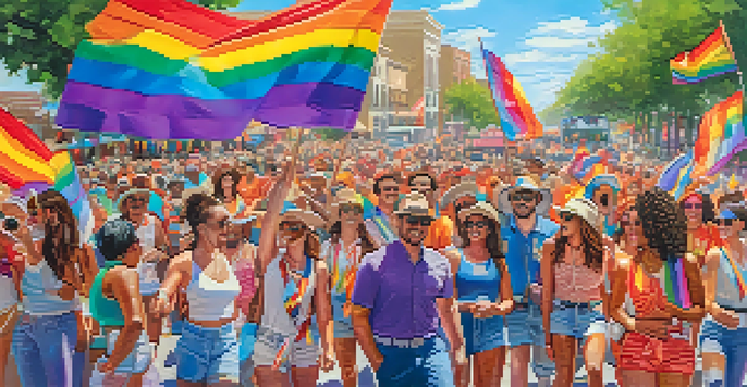 A lively scene from Pride San Antonio parade, showcasing a diverse crowd wearing colorful outfits and holding rainbow flags, with decorated floats in the background.