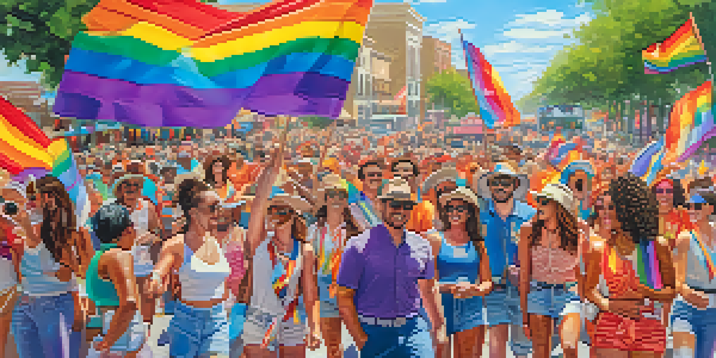 A lively scene from Pride San Antonio parade, showcasing a diverse crowd wearing colorful outfits and holding rainbow flags, with decorated floats in the background.