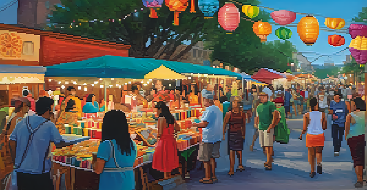 A lively street scene during Fiesta San Antonio with local artists and colorful stalls, filled with people enjoying the festivities.