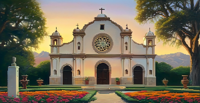 A sunset view of Mission San José, highlighting its intricate stone architecture and colorful gardens.