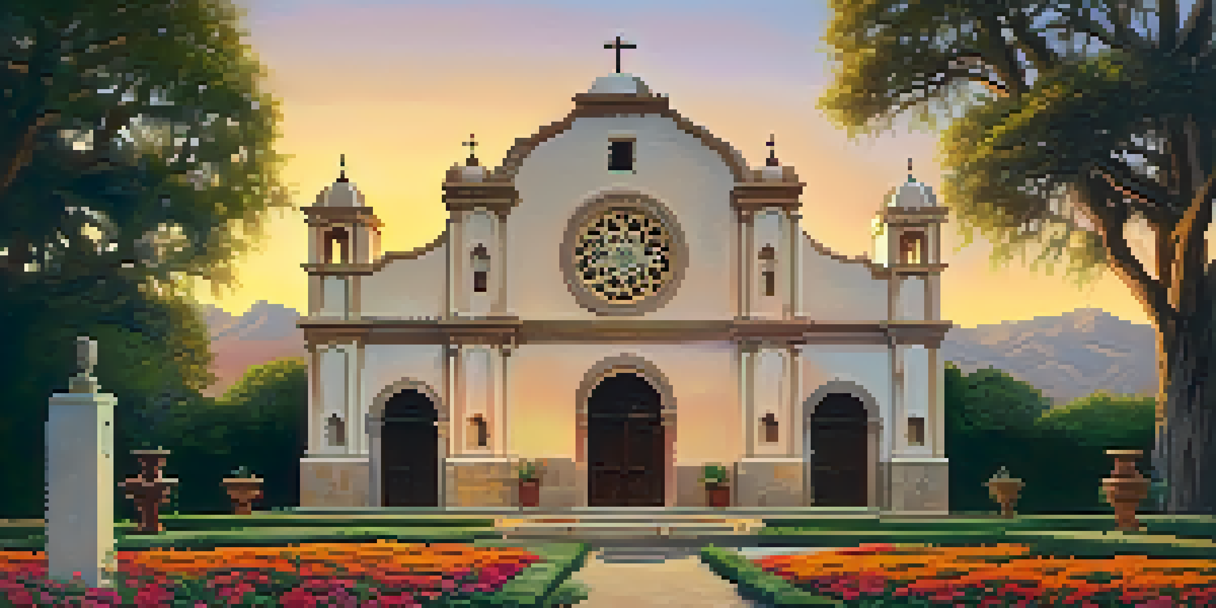 A sunset view of Mission San José, highlighting its intricate stone architecture and colorful gardens.