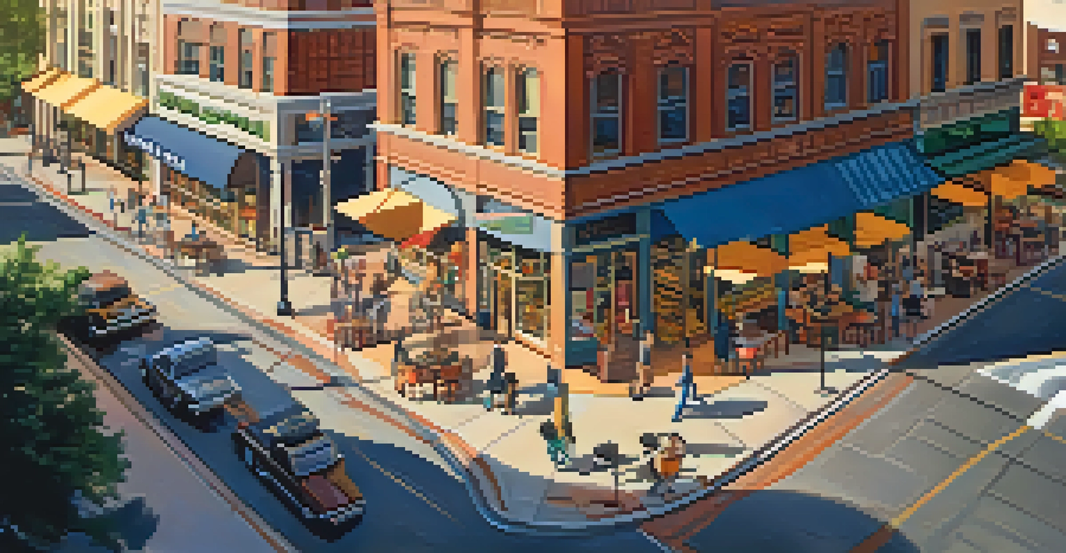 An aerial view of a vibrant commercial district in San Antonio filled with shops, restaurants, and people.