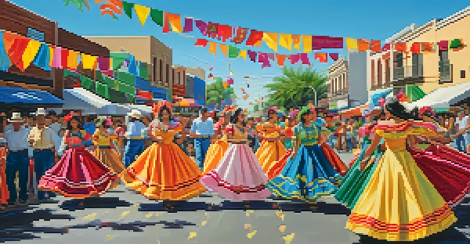A lively street scene at the Fiesta San Antonio festival with colorful decorations and Tejano dancers in traditional costumes.