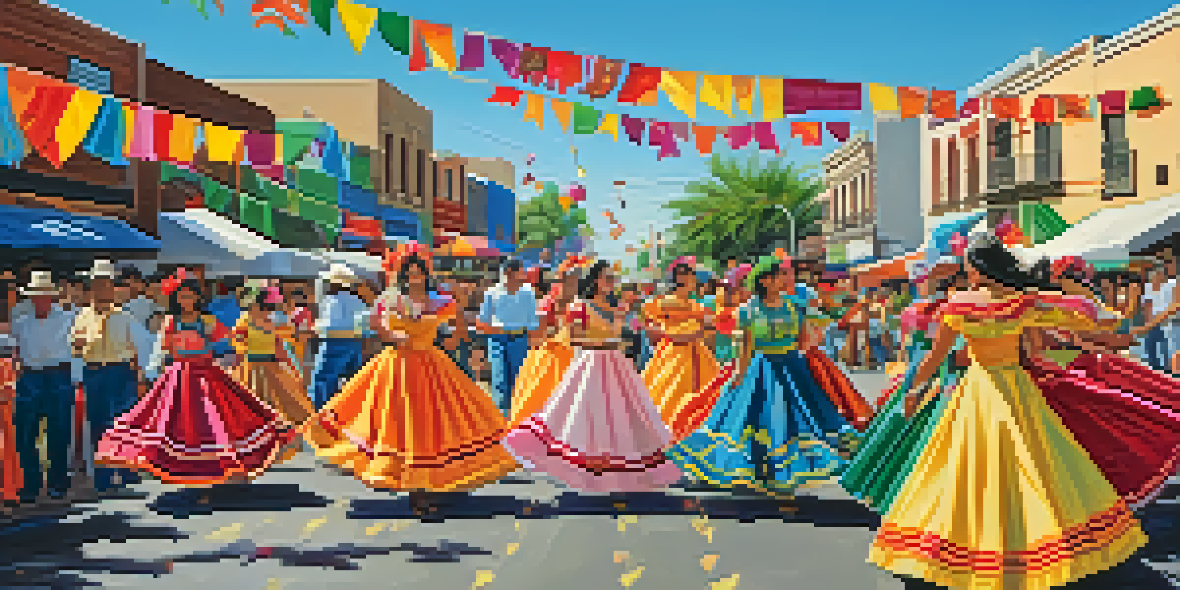 A lively street scene at the Fiesta San Antonio festival with colorful decorations and Tejano dancers in traditional costumes.