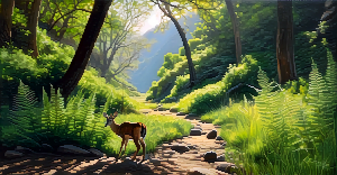 A peaceful hiking trail surrounded by lush green plants and rocky formations, with a deer in the background.