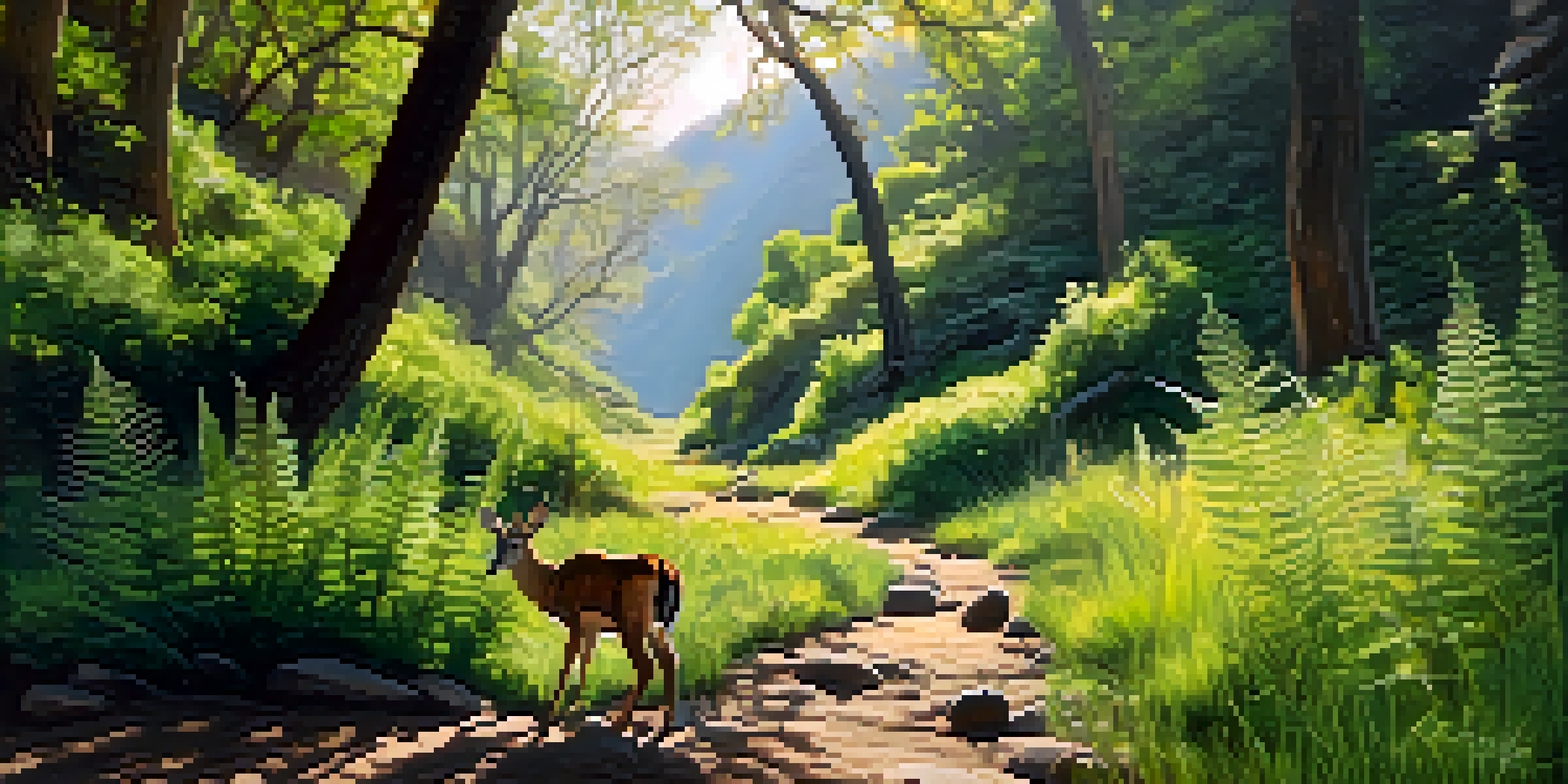 A peaceful hiking trail surrounded by lush green plants and rocky formations, with a deer in the background.