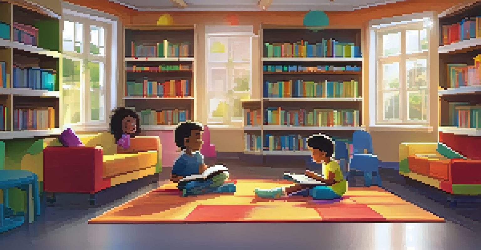 A warm and cozy reading corner in a school library with children reading books, surrounded by shelves filled with colorful books and inspirational quotes on the walls.