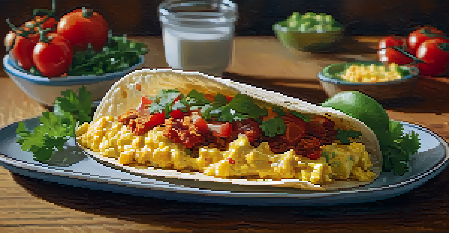 A close-up of a breakfast taco filled with eggs, cheese, and chorizo on a rustic wooden table.