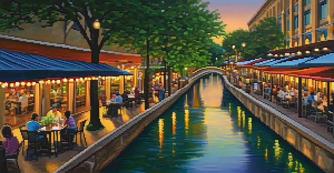 A scenic view of the San Antonio River Walk at sunset with colorful lights and people enjoying the atmosphere.