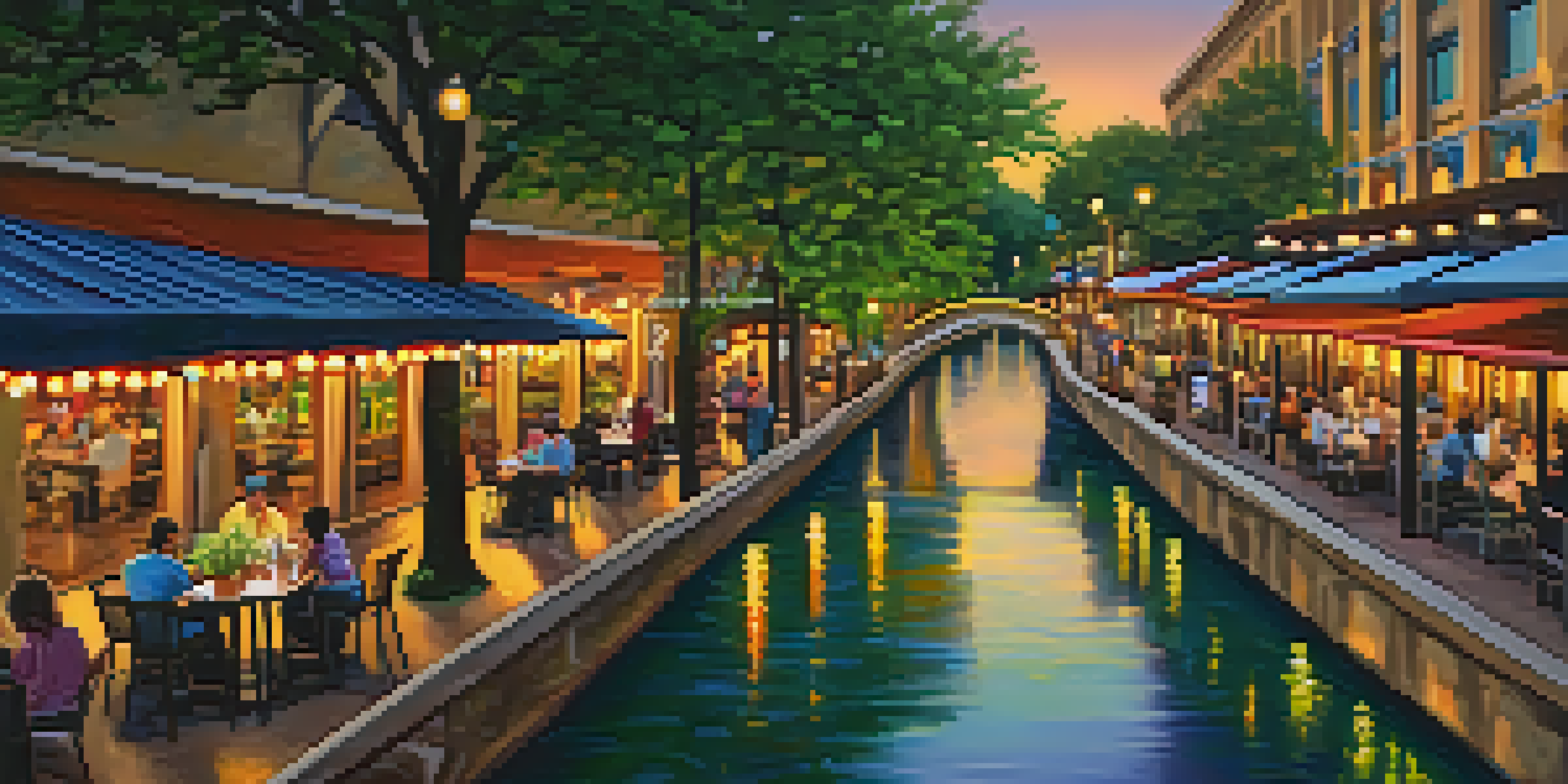 A scenic view of the San Antonio River Walk at sunset with colorful lights and people enjoying the atmosphere.