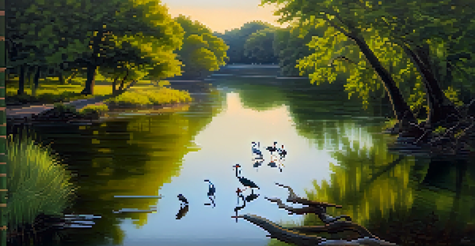 A peaceful park scene at dawn with a river and various birds like cardinals and herons among green foliage.