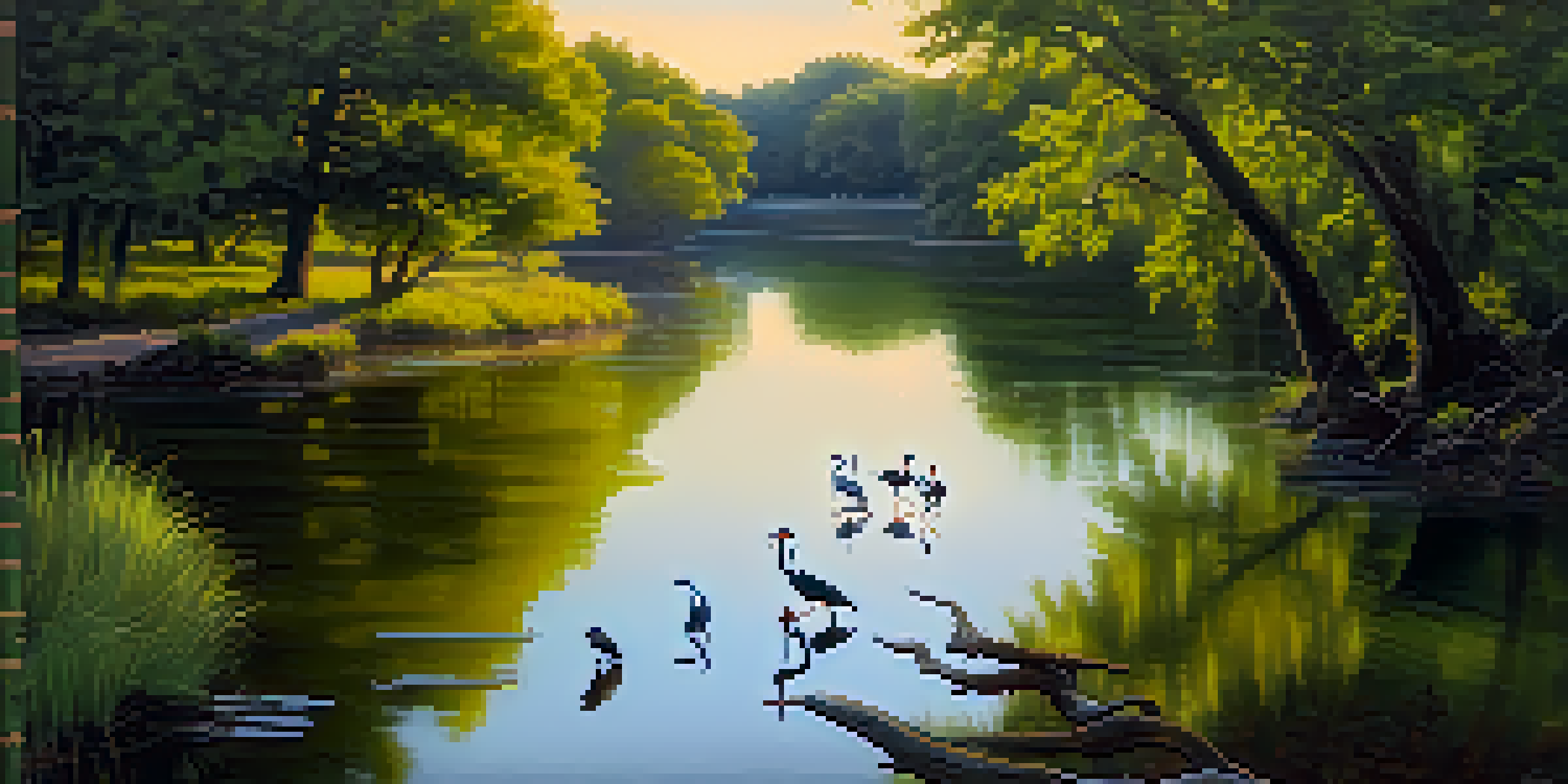 A peaceful park scene at dawn with a river and various birds like cardinals and herons among green foliage.