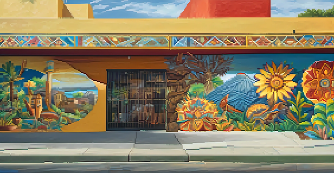 A colorful mural representing the diverse cultural influences of San Antonio, with bright colors and intricate patterns in sunlight.