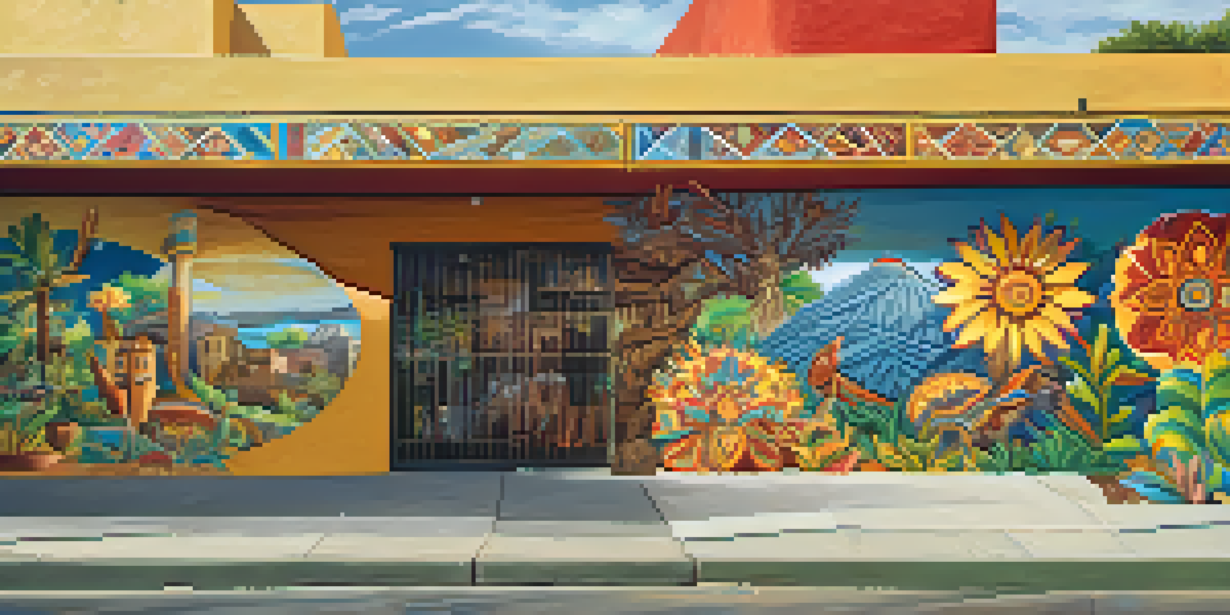 A colorful mural representing the diverse cultural influences of San Antonio, with bright colors and intricate patterns in sunlight.