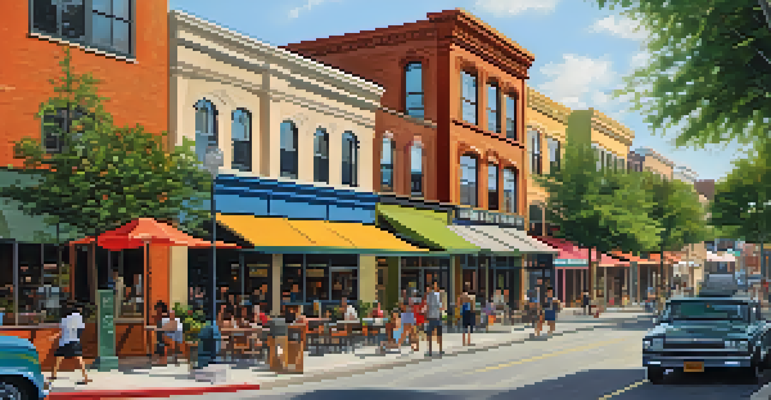 A vibrant urban revitalization project in San Antonio featuring mixed-use developments with people enjoying cafes, shops, and green spaces in a lively street setting.