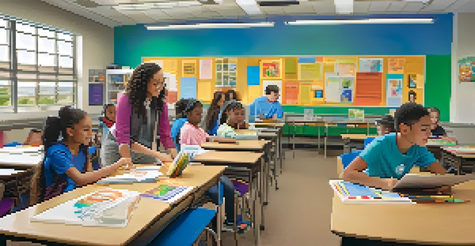 A classroom with diverse students working together on a project, with a teacher assisting them and bright educational materials around.