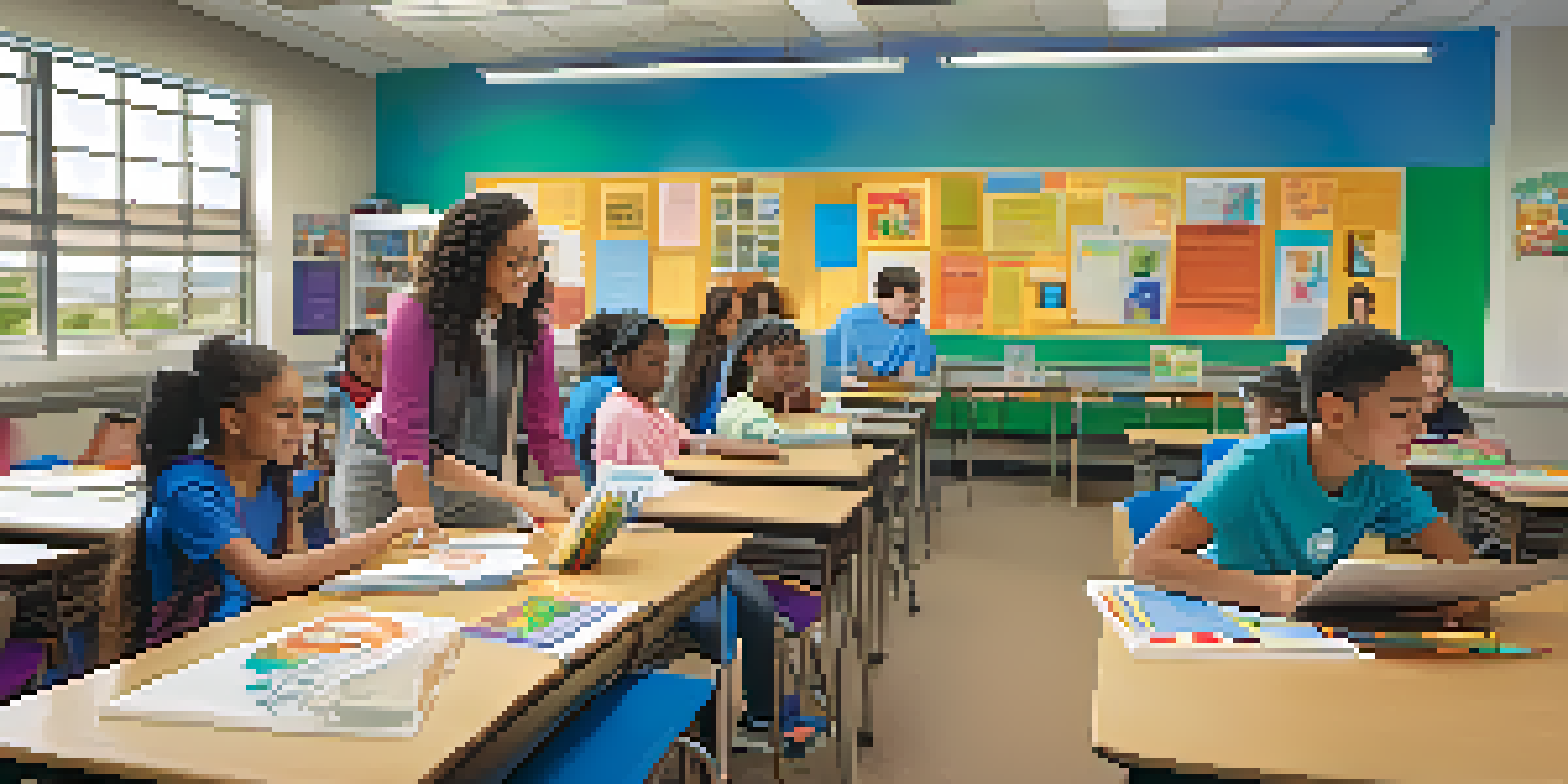 A classroom with diverse students working together on a project, with a teacher assisting them and bright educational materials around.