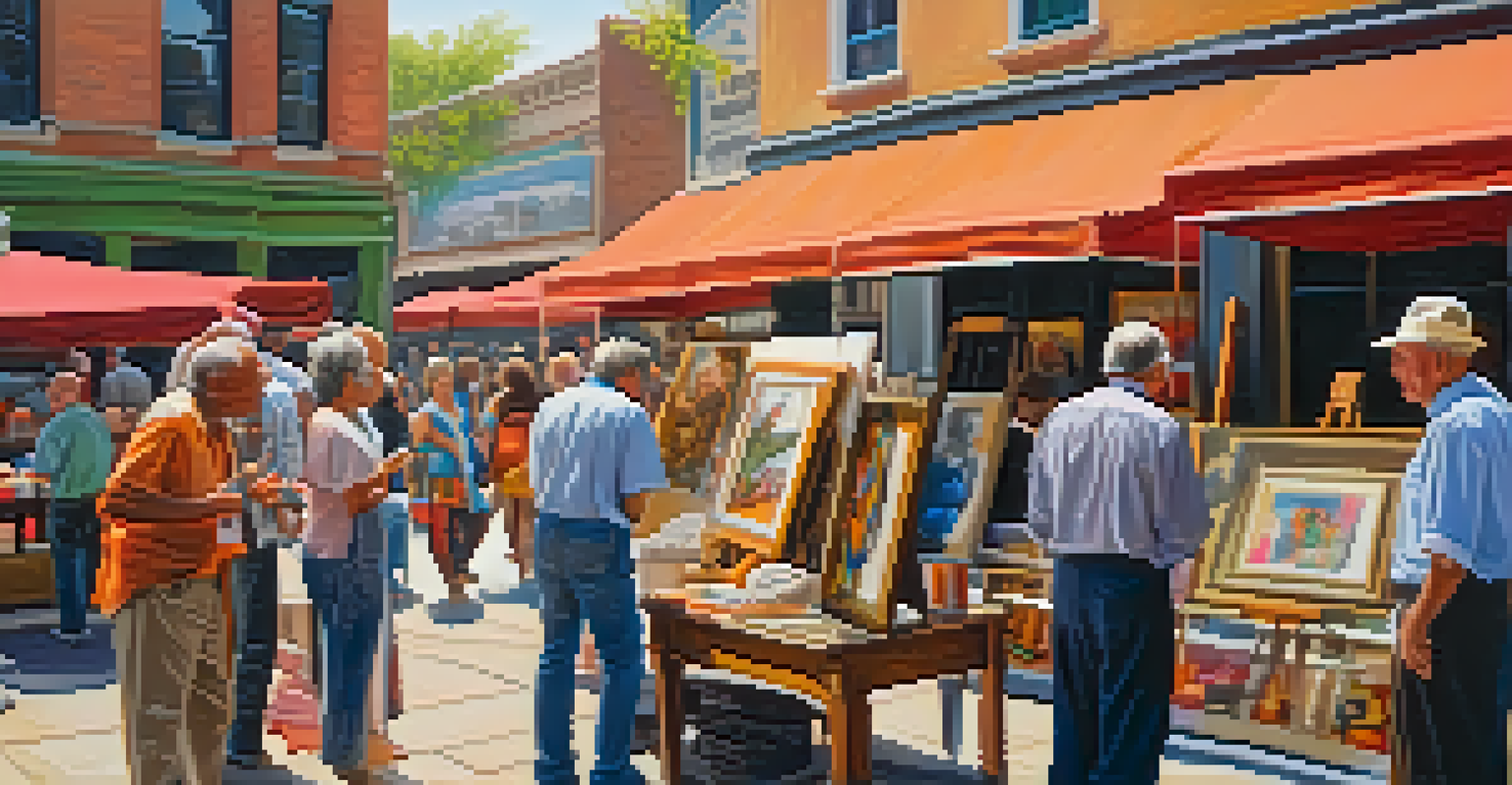 Local artists displaying their artwork at Market Square, surrounded by interested visitors in a brightly lit environment.