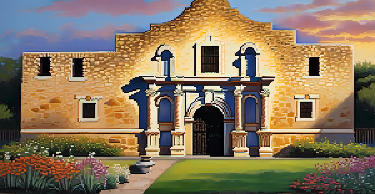 The Alamo at sunset, glowing with warm golden hues, surrounded by blooming flowers and a green lawn, showcasing its historical architecture.