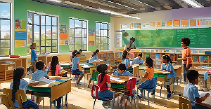 A lively classroom filled with diverse students participating in STEM activities, with bright sunlight and colorful educational resources.