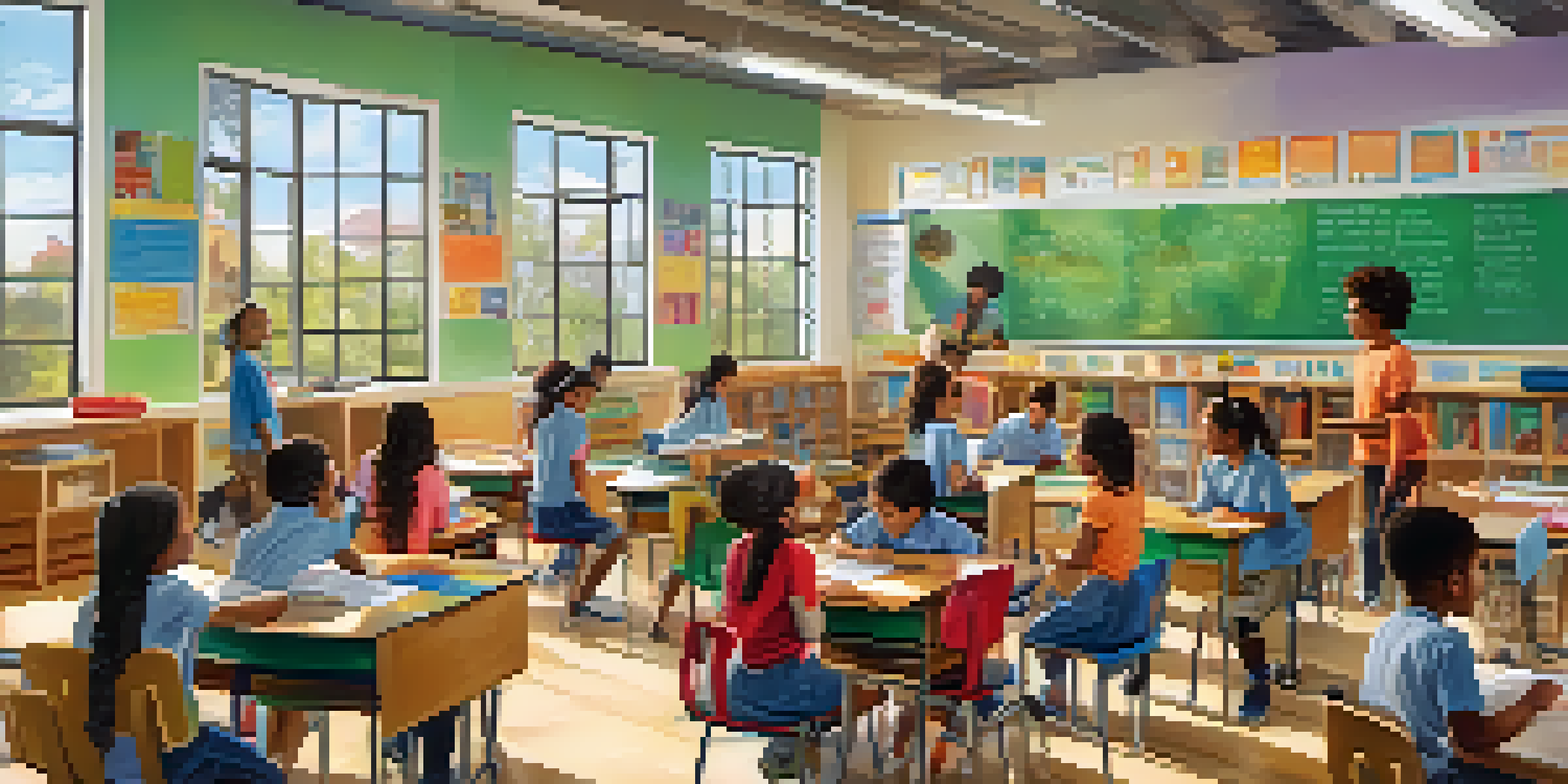 A lively classroom filled with diverse students participating in STEM activities, with bright sunlight and colorful educational resources.