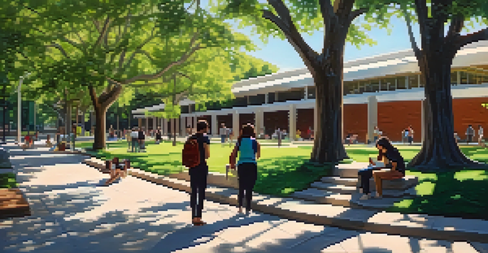 A university campus with students studying outdoors under the sun, surrounded by trees and modern buildings.