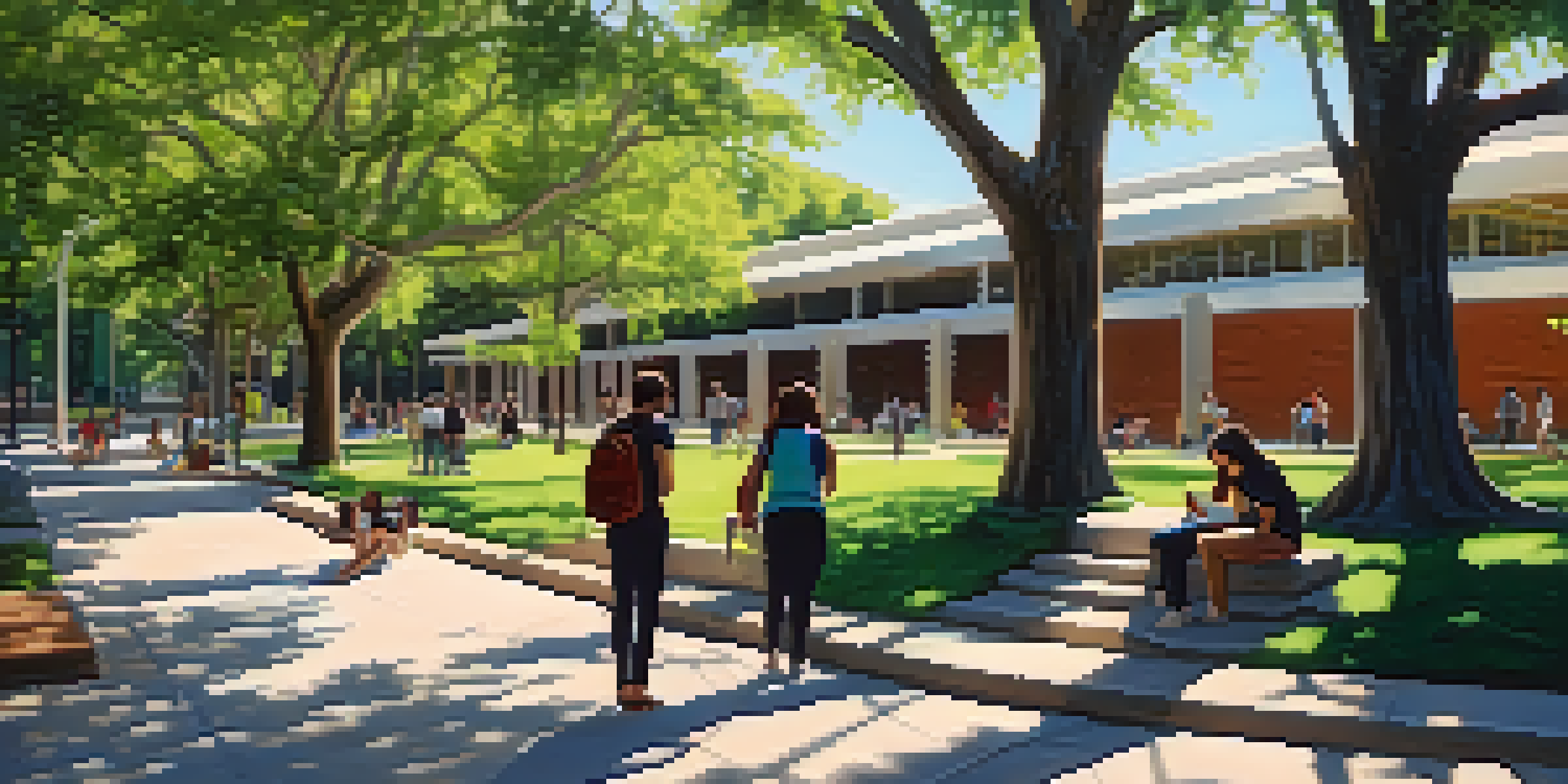 A university campus with students studying outdoors under the sun, surrounded by trees and modern buildings.
