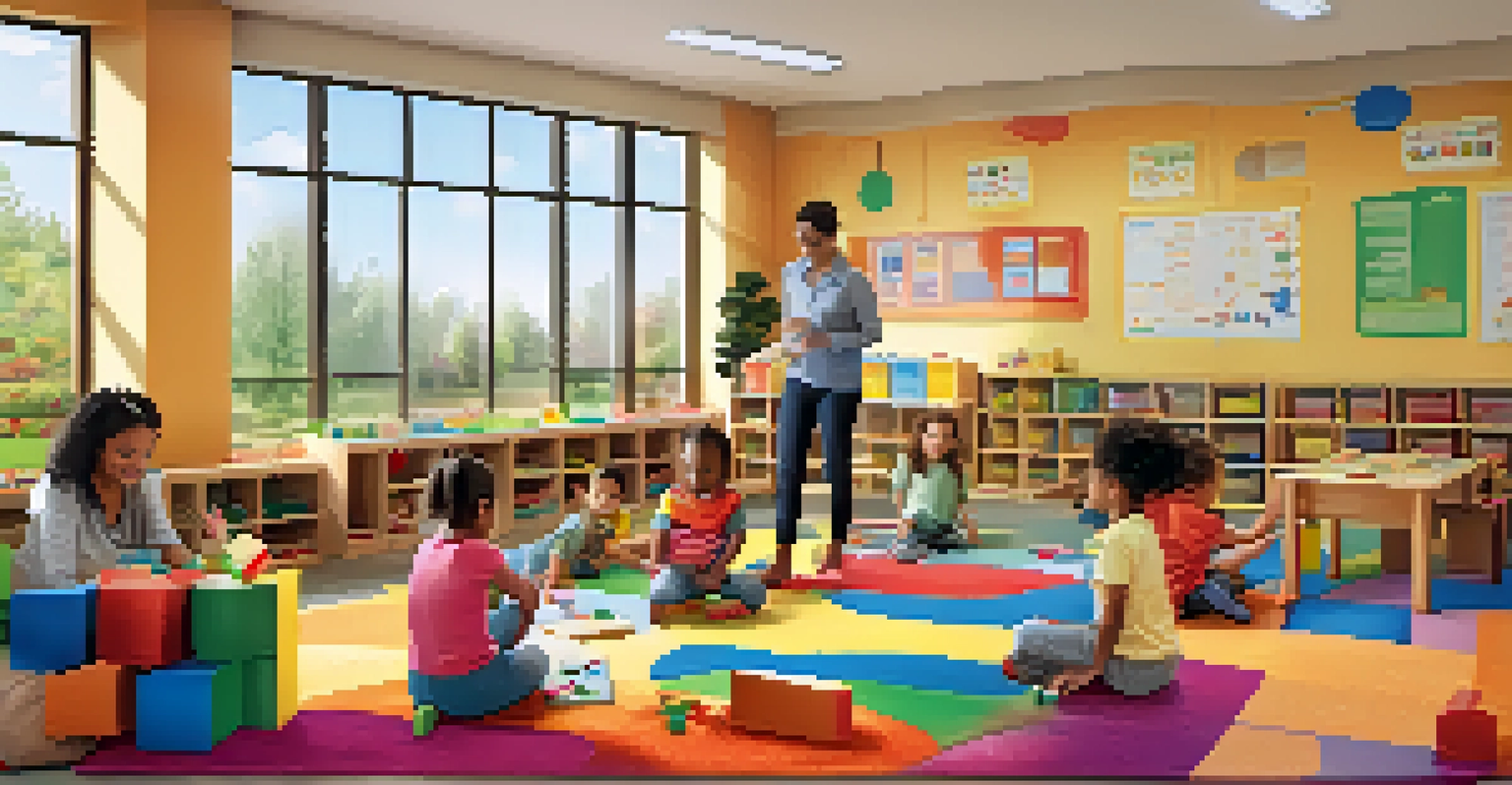 A vibrant early childhood education classroom with children playing and learning, and a teacher guiding them.
