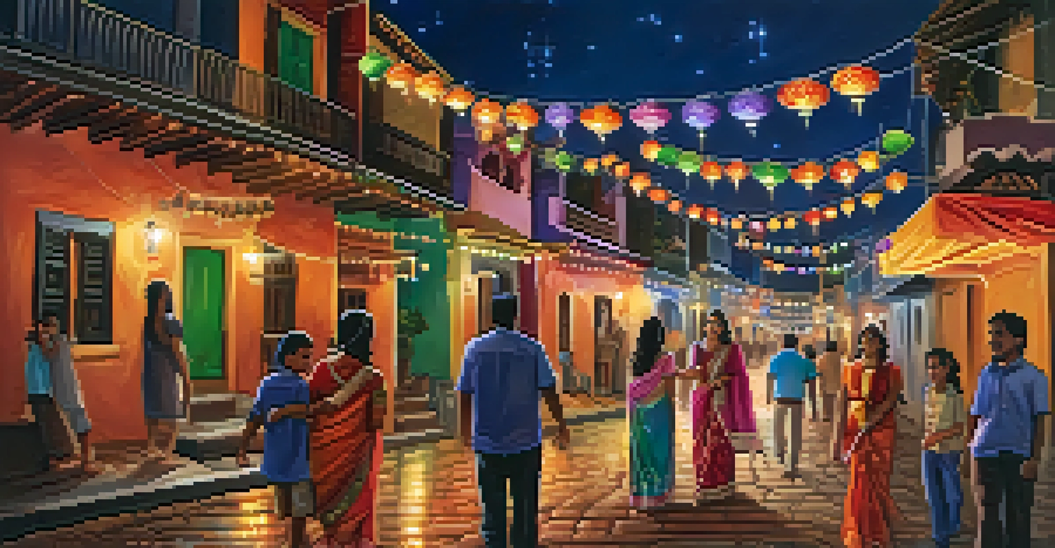 A beautifully lit San Antonio street during Diwali, featuring houses decorated with lights and fireworks lighting up the night sky.