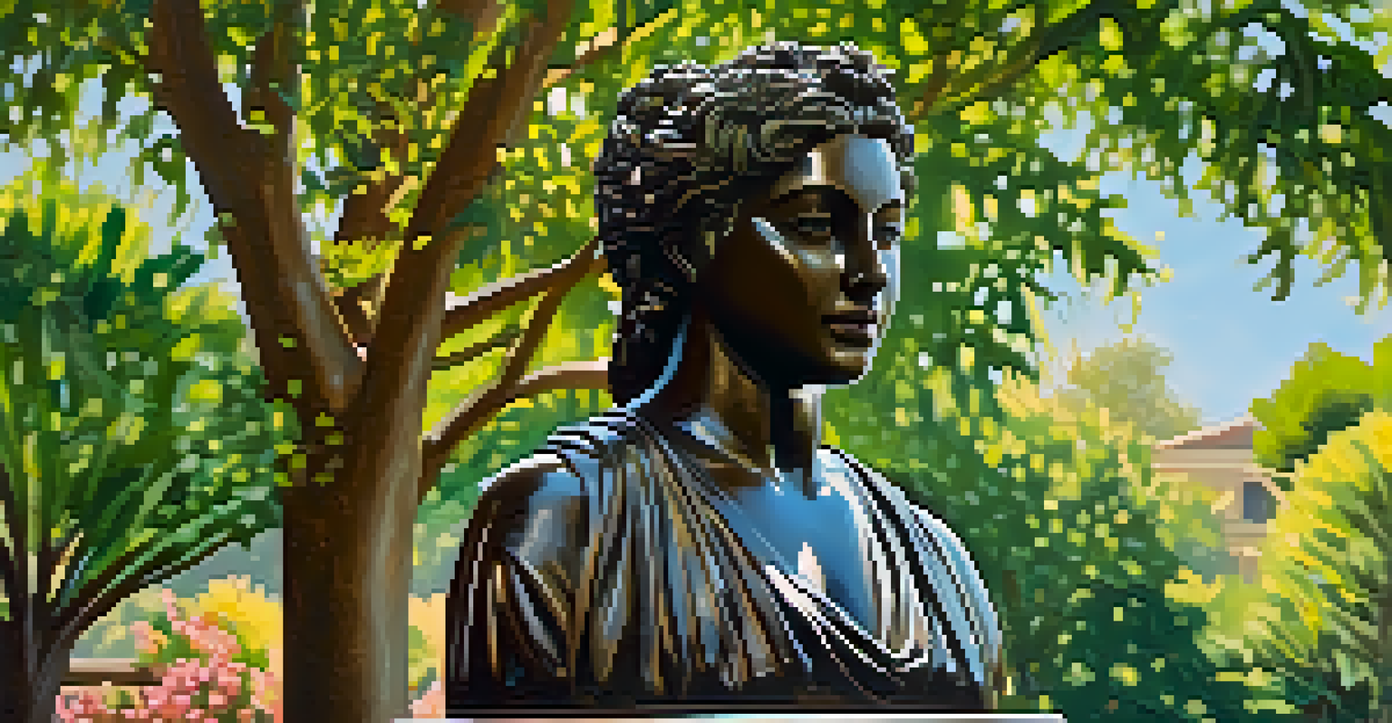 A detailed sculpture in a San Antonio park surrounded by greenery and flowers, highlighting local cultural influences.